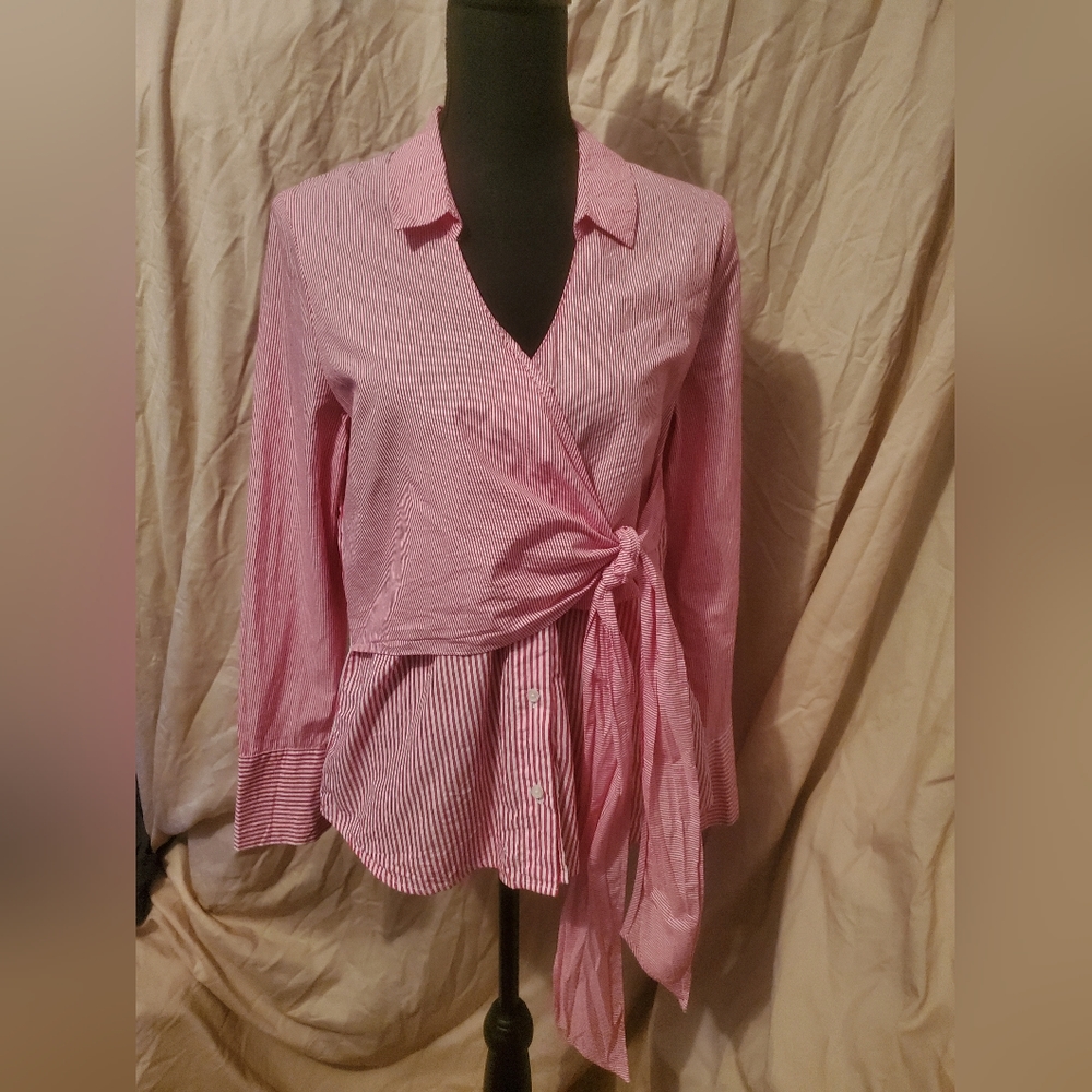 Who What Wear striped long sleeve blouse button up with Decorative tie at side